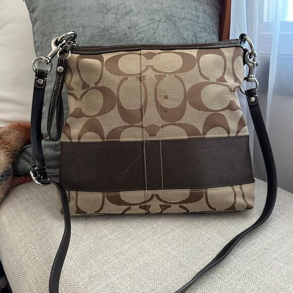 COACH Signature 2 Way‎ Shoulder Crossbody Bag Canvas Leather F13674 Brown - Picture 2 of 12